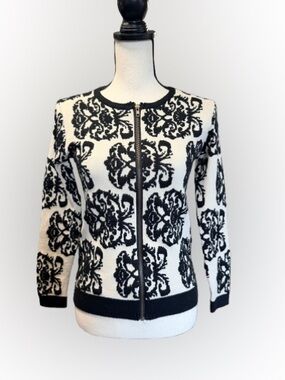 Unbranded Black Ivory Damask Jacquard Knit Zip Cardigan Sweater Women’s S/M